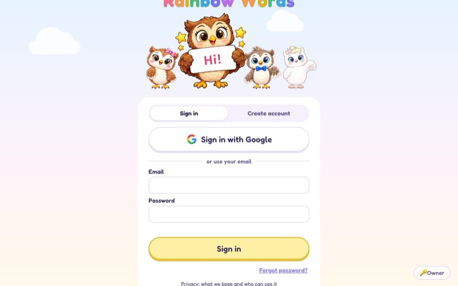 Rainbow Words app sign-in screen